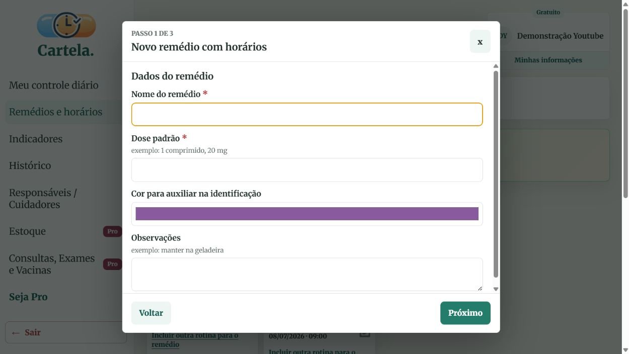 Print do cadastro guiado de um novo medicamento com horários.
